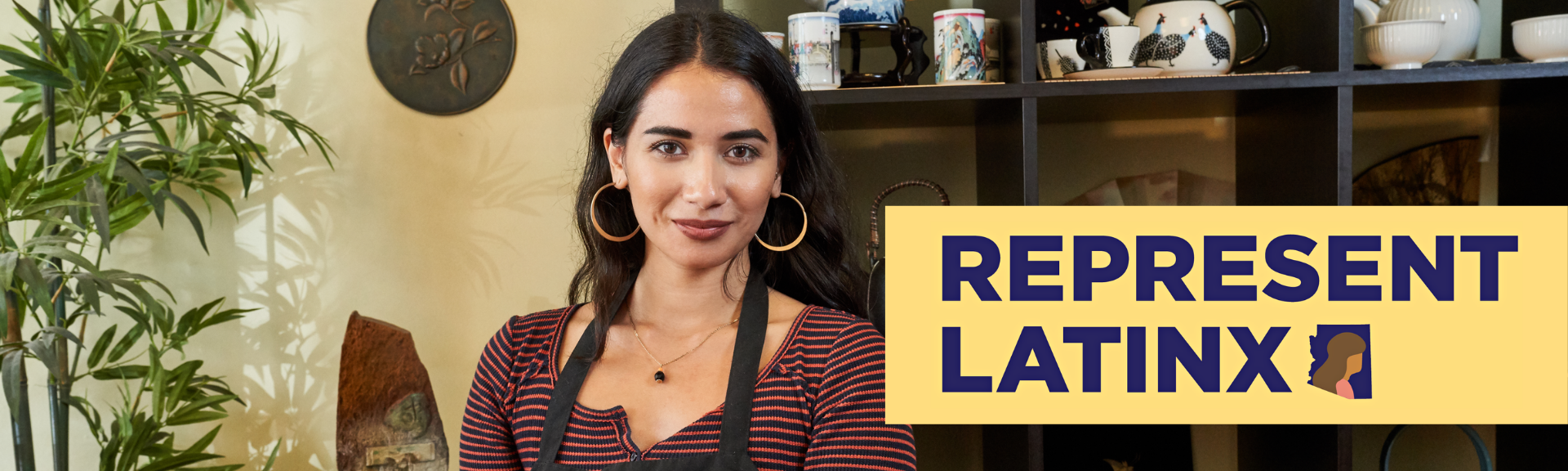Woman smiling in apron at coffee shop with title "Represent Latinx"